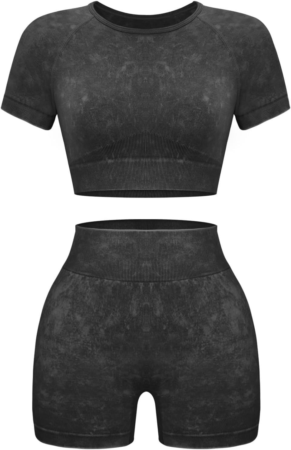 Women's 2-Piece Workout Set, Seamless Crop Top & High Waist Shorts, Acid Wash Yoga & Pilates Outfit