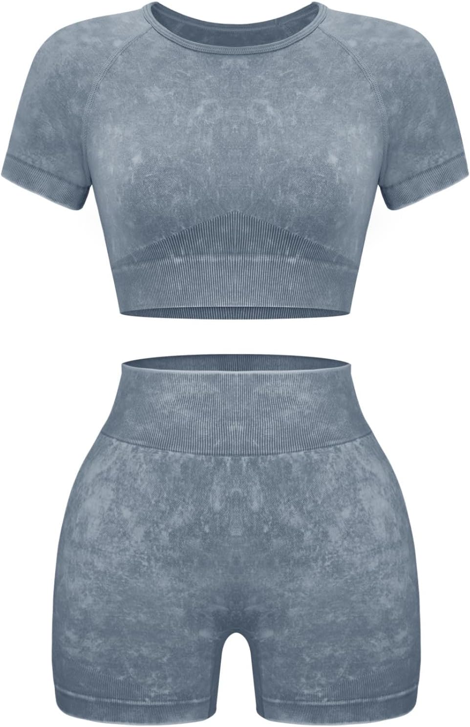 Women's 2-Piece Workout Set, Seamless Crop Top & High Waist Shorts, Acid Wash Yoga & Pilates Outfit
