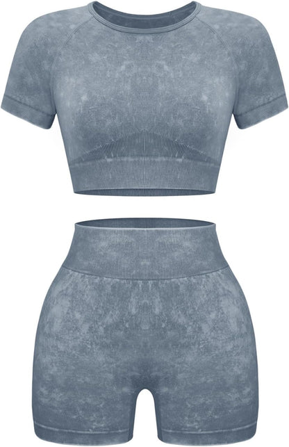 Women's 2-Piece Workout Set, Seamless Crop Top & High Waist Shorts, Acid Wash Yoga & Pilates Outfit
