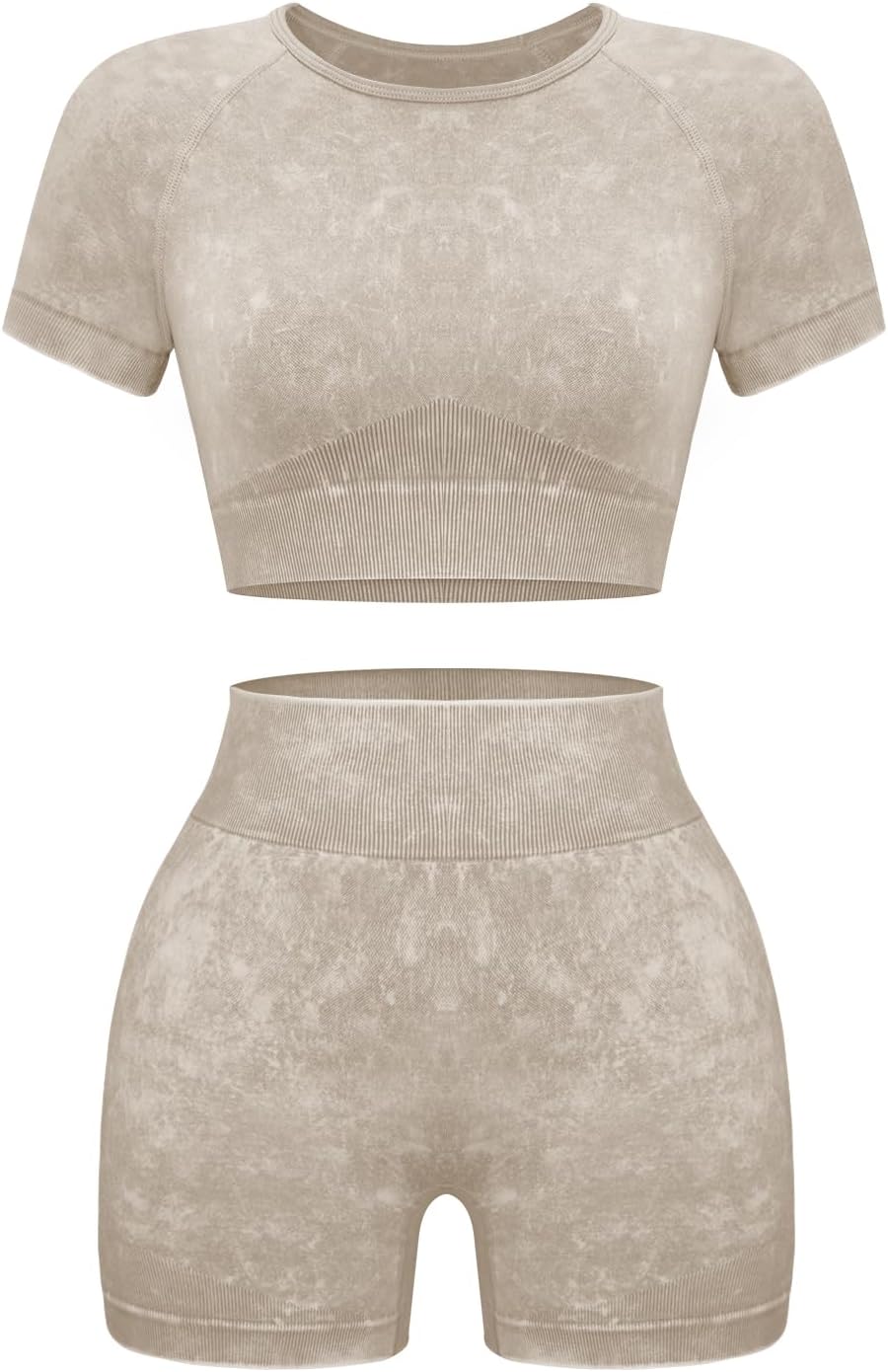 Women's 2-Piece Workout Set, Seamless Crop Top & High Waist Shorts, Acid Wash Yoga & Pilates Outfit