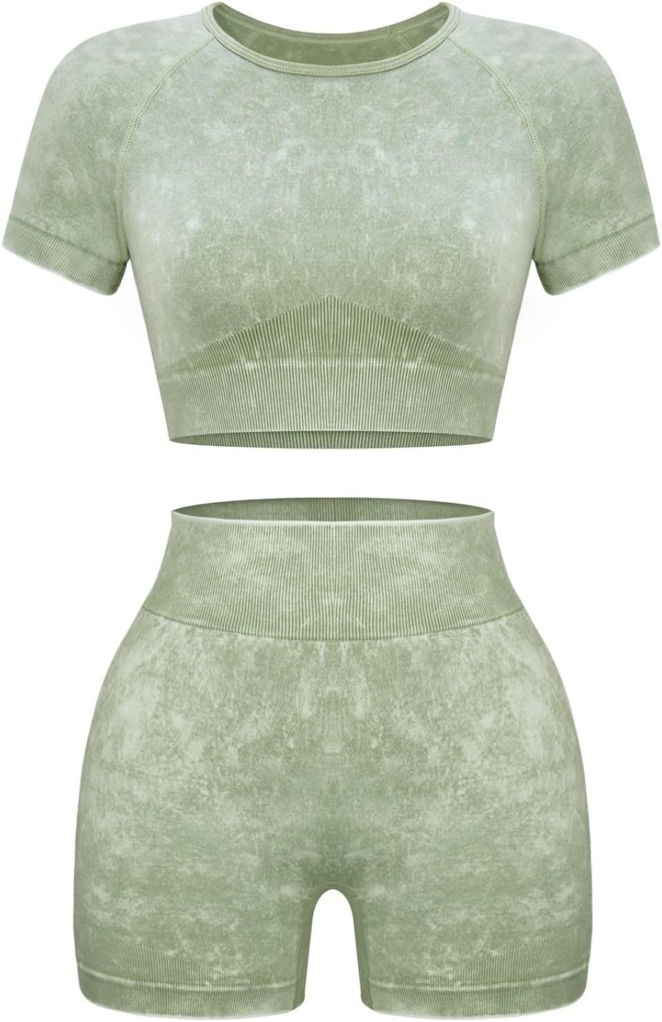 Women's 2-Piece Workout Set, Seamless Crop Top & High Waist Shorts, Acid Wash Yoga & Pilates Outfit