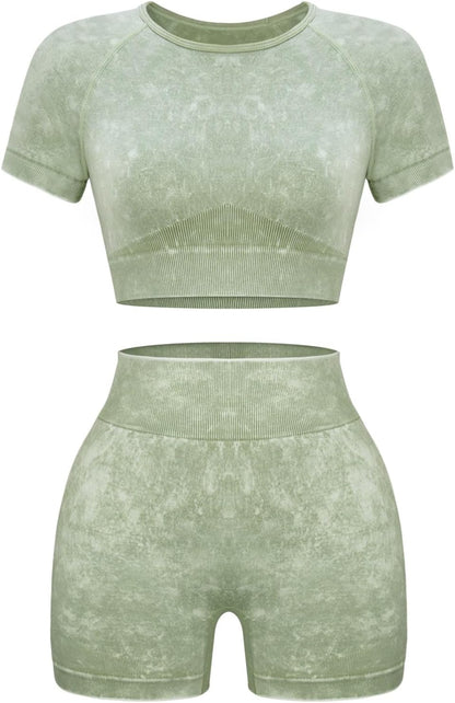 Women's 2-Piece Workout Set, Seamless Crop Top & High Waist Shorts, Acid Wash Yoga & Pilates Outfit