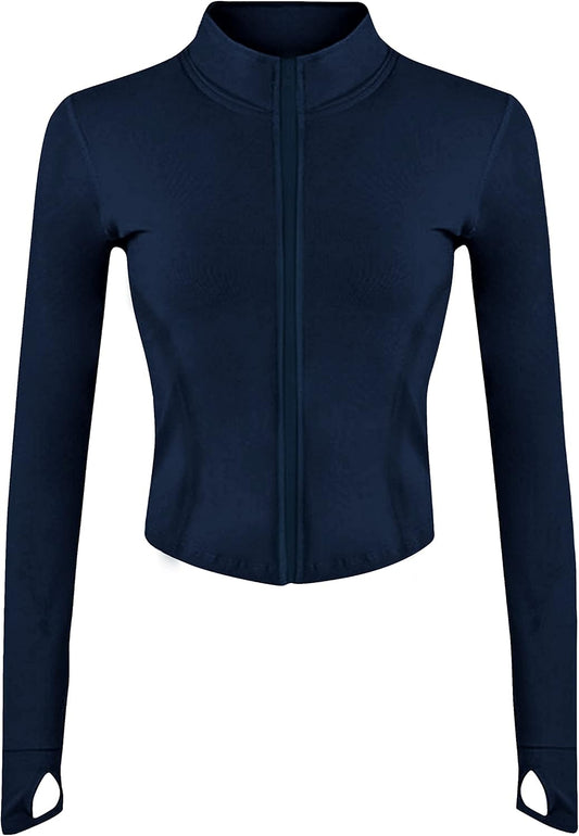 Womens Active Zip Up Running Workout Cropped Bbl Athletic Jacket with Thumb Holes