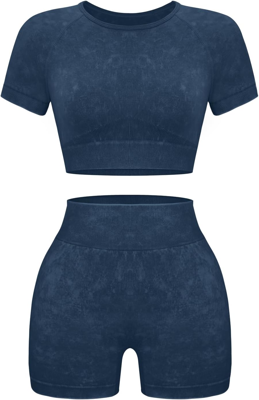 Women's 2-Piece Workout Set, Seamless Crop Top & High Waist Shorts, Acid Wash Yoga & Pilates Outfit
