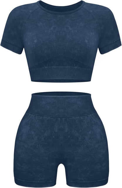 Women's 2-Piece Workout Set, Seamless Crop Top & High Waist Shorts, Acid Wash Yoga & Pilates Outfit