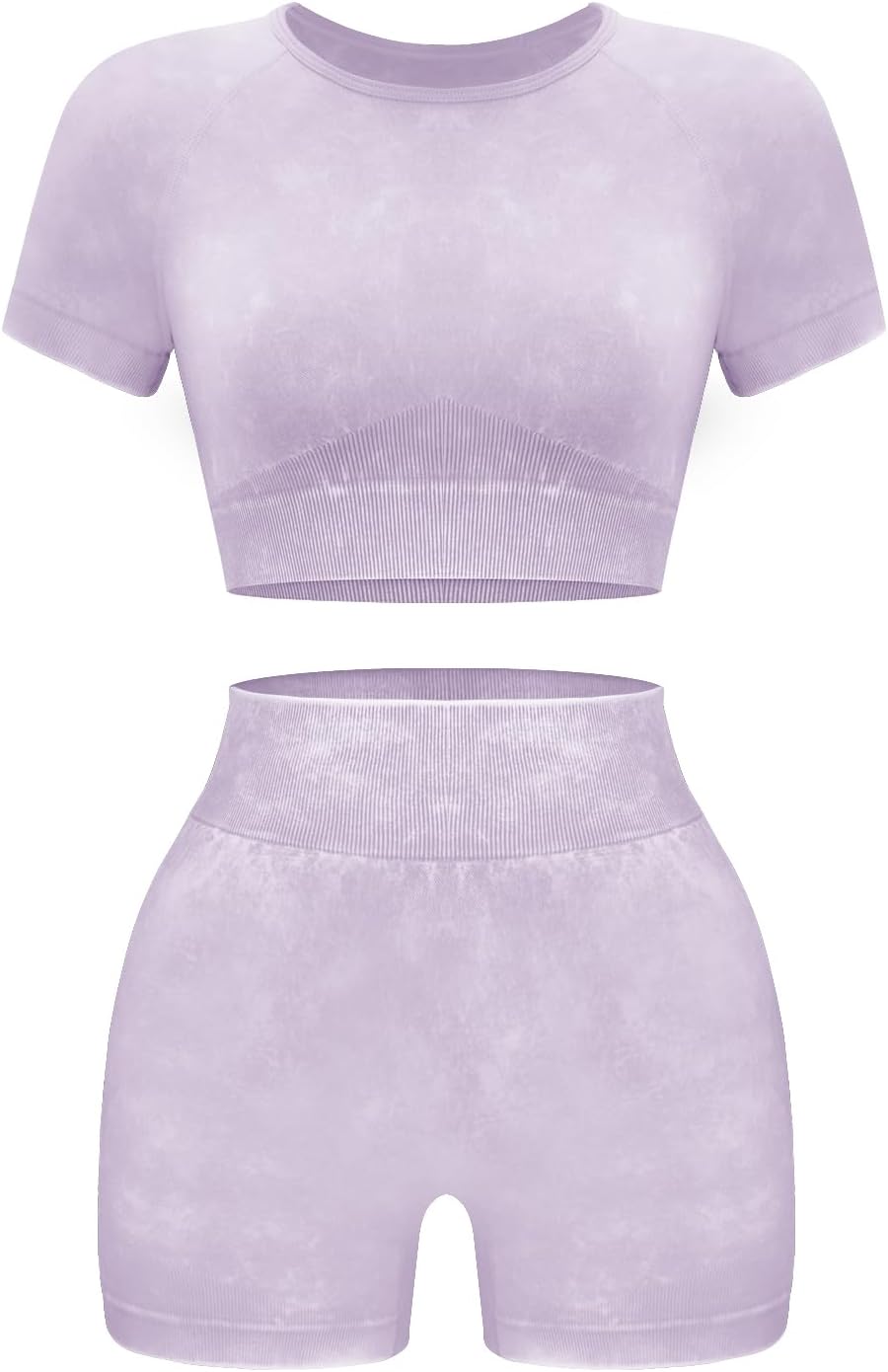 Women's 2-Piece Workout Set, Seamless Crop Top & High Waist Shorts, Acid Wash Yoga & Pilates Outfit