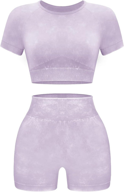 Women's 2-Piece Workout Set, Seamless Crop Top & High Waist Shorts, Acid Wash Yoga & Pilates Outfit