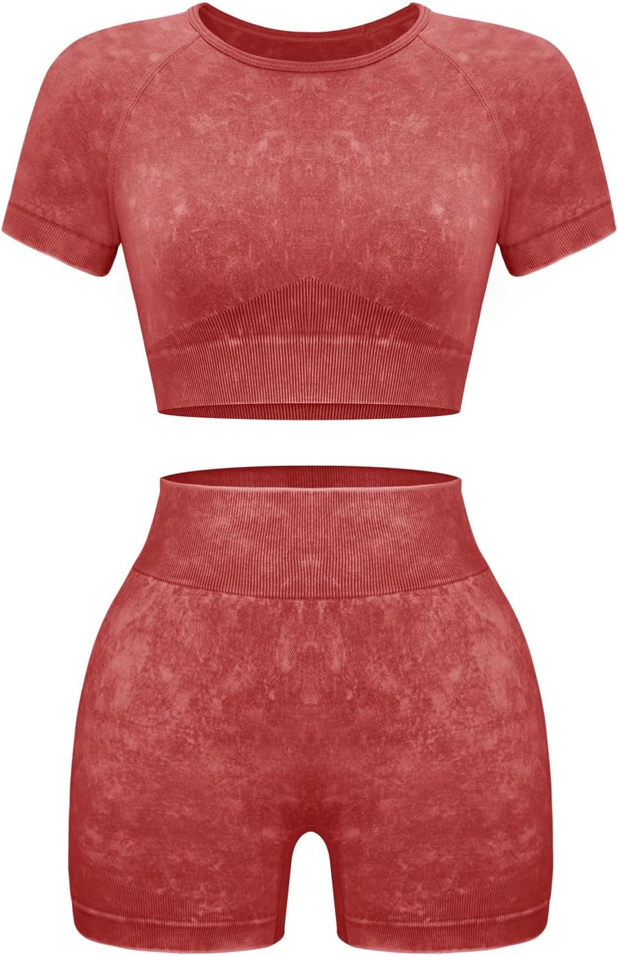 Women's 2-Piece Workout Set, Seamless Crop Top & High Waist Shorts, Acid Wash Yoga & Pilates Outfit