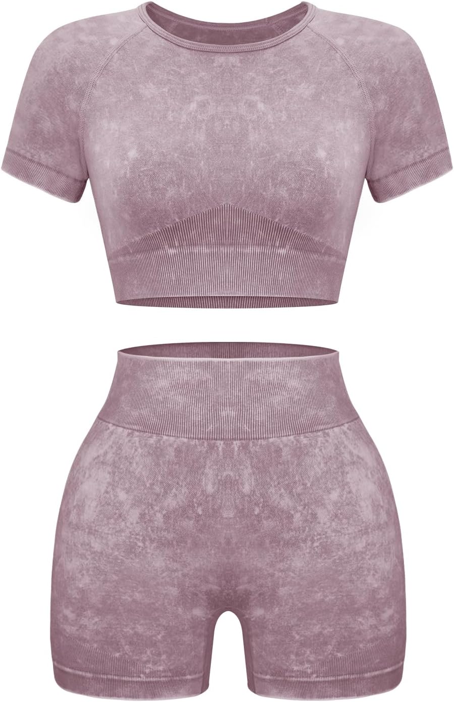 Women's 2-Piece Workout Set, Seamless Crop Top & High Waist Shorts, Acid Wash Yoga & Pilates Outfit