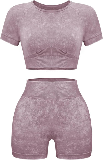 Women's 2-Piece Workout Set, Seamless Crop Top & High Waist Shorts, Acid Wash Yoga & Pilates Outfit