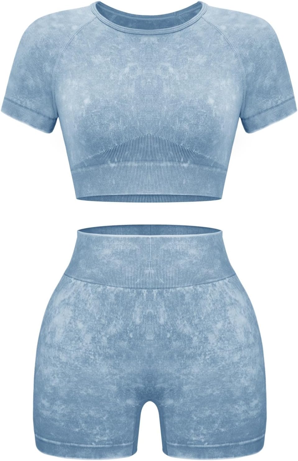 Women's 2-Piece Workout Set, Seamless Crop Top & High Waist Shorts, Acid Wash Yoga & Pilates Outfit