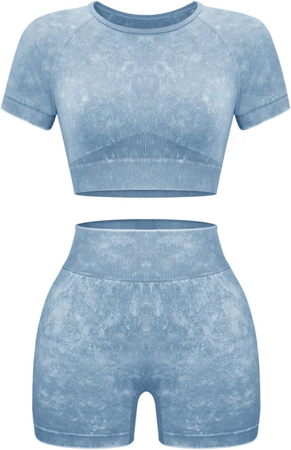 Women's 2-Piece Workout Set, Seamless Crop Top & High Waist Shorts, Acid Wash Yoga & Pilates Outfit