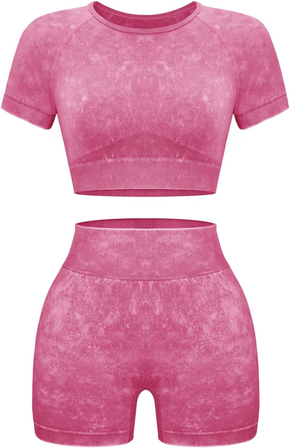 Women's 2-Piece Workout Set, Seamless Crop Top & High Waist Shorts, Acid Wash Yoga & Pilates Outfit