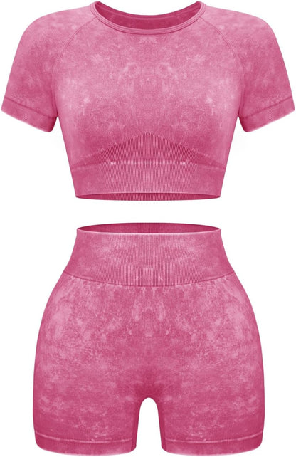 Women's 2-Piece Workout Set, Seamless Crop Top & High Waist Shorts, Acid Wash Yoga & Pilates Outfit
