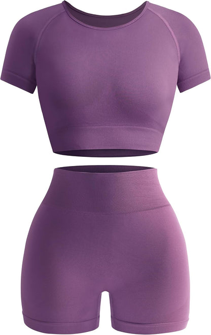 Women's 2-Piece Workout Set, Seamless Crop Top & High Waist Shorts, Acid Wash Yoga & Pilates Outfit